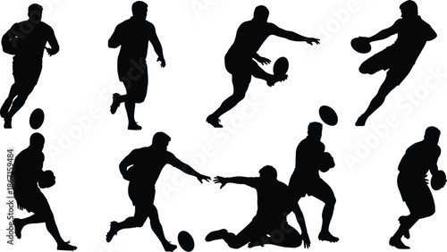 Rugby player silhouettes in dynamic action poses isolated on white background sports competition teamwork energy motion strength power speed agility
