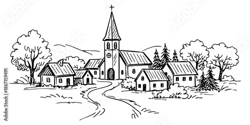 Hand drawn line art illustration of a village depicting a rustic landscape with a church, houses, and trees for community and nature themes