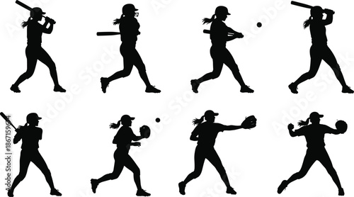 Softball player silhouettes in dynamic batting throwing catching poses isolated on white background female athlete sports action vector set illustration