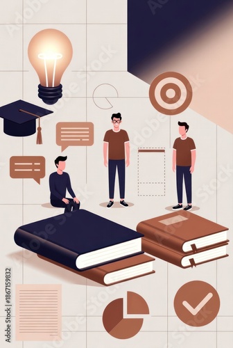 Creative Learning Environment with Books, Light Bulb, and Students Engaging in Thoughtful Discussion and Study