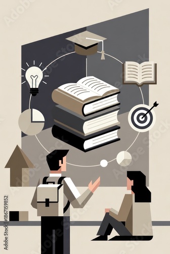 Educational Concepts with Books, Light Bulb, Target, and Graduation Cap in Minimalist Style for Learning and Knowledge Advancement