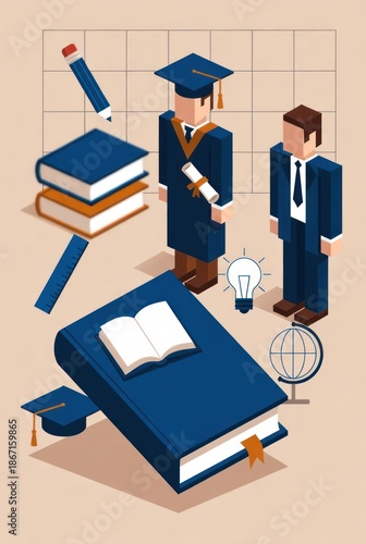Graduation Ceremony Concept with Graduate, Books, Pencil, Globe, and Diploma in a Modern Flat Style