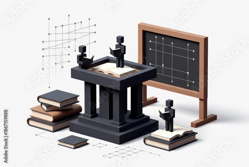 Educational Concept with Book Sculpture and Figures Reading in Front of Blackboard and Graphs for Science and Knowledge Representation