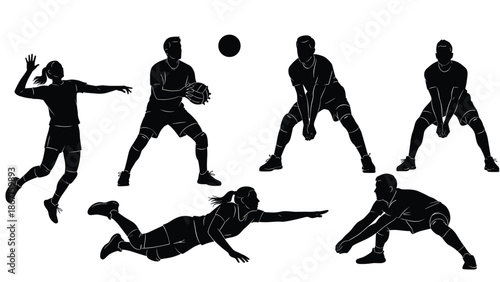 Volleyball player silhouettes in dynamic serving passing diving poses isolated on white background team sport action illustration vector set