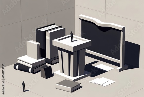 Abstract Representation of Knowledge and Learning with Books, Podium, and Chalkboard in Minimalist Design