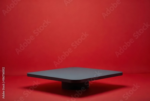 Minimalist display platform on a vibrant red background for product showcasing in contemporary design, advertising, and artistic presentations
