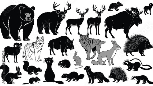 Wildlife animal silhouettes collection, forest mammals set including bear deer wolf moose fox rabbit squirrel isolated illustration vector design art