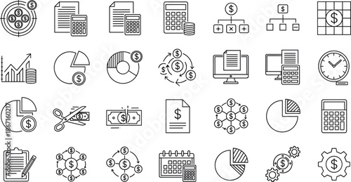 Collection of outline icons for accounting, financial planning, budget management, tax reporting, data analysis charts, money transactions, business strategy, and revenue calculation vector.