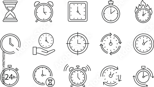 Collection of outline icons representing concepts of time urgency, deadlines, schedules, analog clocks, hourglasses, alarm bells, and chronometers for time-related projects vector.