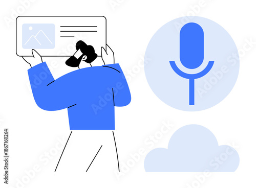 Voice recognition, audio processing, cloud services, technology design, digital media, smart apps. A person examining a media file with a microphone and cloud icon. Voice recognition and audio