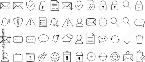 Hand drawn email notification security and user interface icon set with envelopes locks shields bells search and chat symbols