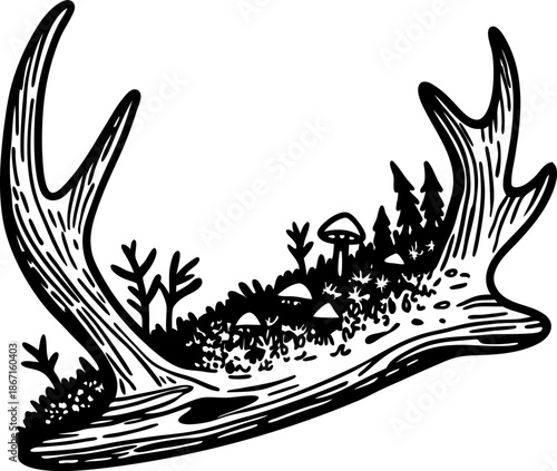 Deer antler silhouette with forest scene including trees, mushrooms, and plants inside