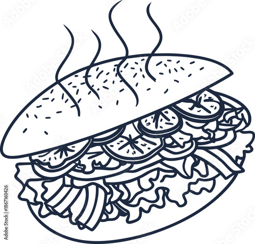 hot sandwich with fresh vegetables and crispy bacon, delicious fast food meal illustration