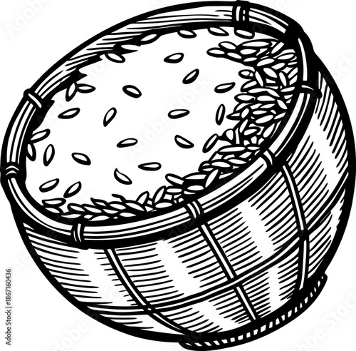 Basket with rice grains hand drawn basket filled with rice, agriculture and food concept