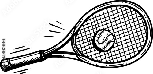 Tennis racket hitting ball illustration, sports equipment outline sketch with motion lines