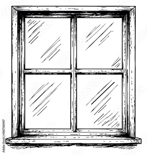 Hand drawn line art illustration of a window depicting a classic four-pane frame for architectural design