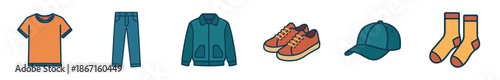 Set of men's casual clothing icons including a t-shirt, jeans, jacket, sneakers, cap, and socks in a colorful flat line art illustration style for a complete outfit concept