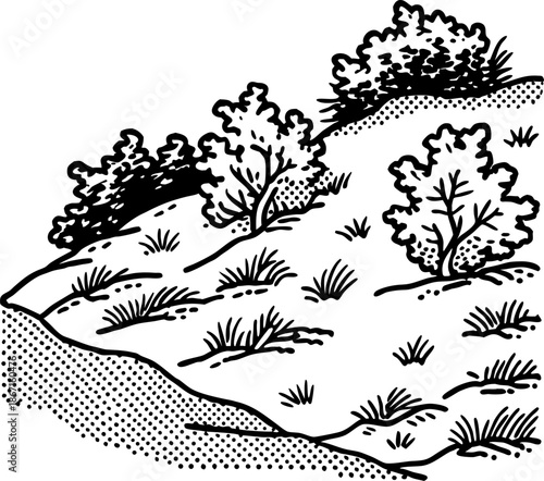 hill with bushes and grass, natural landscape sketch with vegetation on sloped terrain