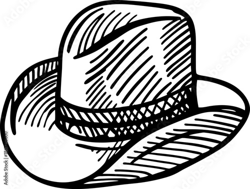 Black and white sketch of a classic cowboy hat with wide brim and high crown