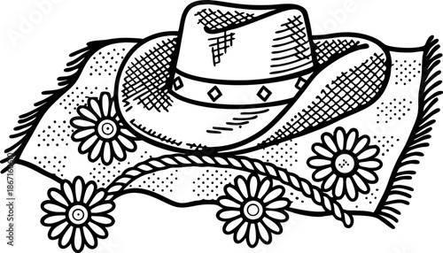 Cowboy hat with rope and flower decorations on a textured blanket