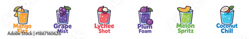 Collection of six colorful fruit juice illustrations with different flavors like mango, grape, lychee, plum, melon, and coconut, presented in a cute and simple cartoon vector style