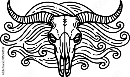 Buffalo skull with long curved horns and swirling hair design in black line art
