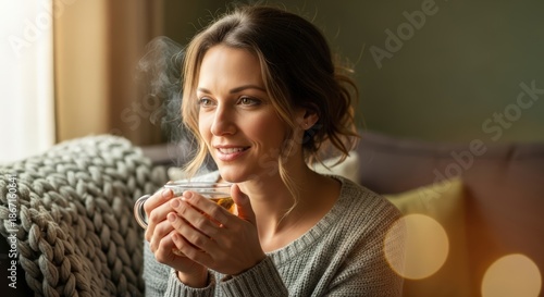Woman enjoys hot tea, steam rising, for comfort and relaxation. Coziness and wellness concept.