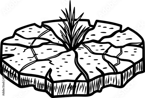Cracked dry land with a single tuft of grass, drought and desertification concept