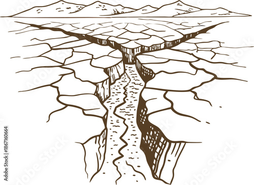 Dry cracked earth with deep fissures and distant mountain range showing drought and soil degradation