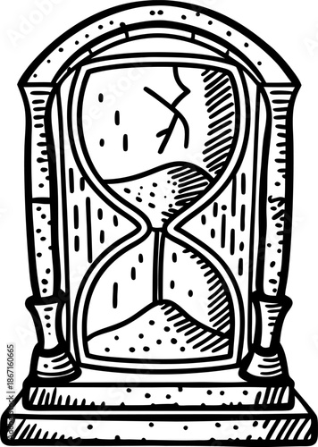 Antique hourglass with sand timer enclosed in wooden frame, vintage time measurement device