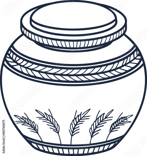 Decorative ceramic jar with lid and wheat pattern line art illustration
