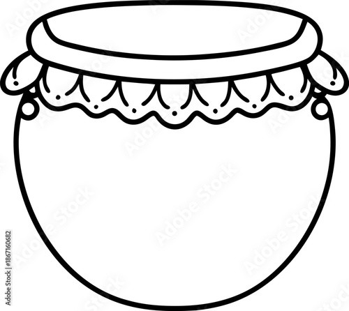 Round jar with cloth cover and tied strings, container for preserves or food storage