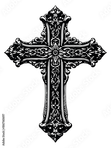 Vintage hand drawn line art illustration of a cross depicting intricate details and spiritual symbolism for religious designs and spiritual themes