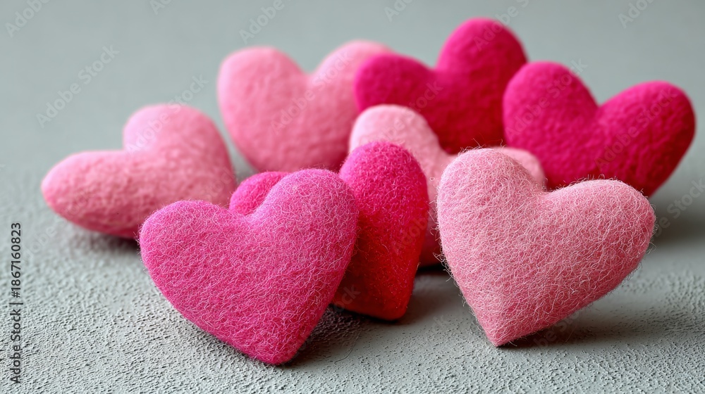 Fototapeta premium Bright pink felt hearts arranged artistically on a textured surface, showcasing vibrant colors and soft textures, perfect for romantic themes and creative projects with copy space