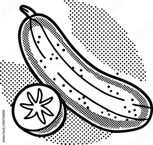 Cucumber and tomato vegetable illustration with halftone shading in black and white