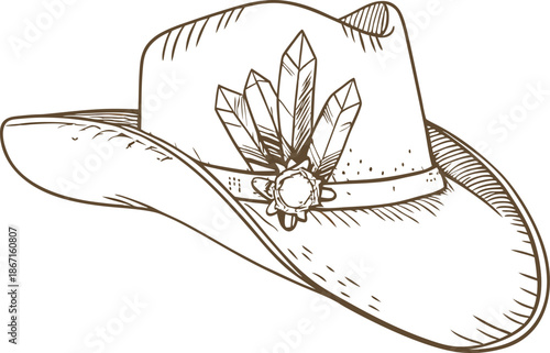 Cowboy hat with feathers and decorative band, western headwear illustration