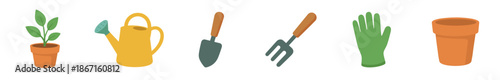 Colorful set of gardening tools and equipment including a plant, watering can, trowel, fork, glove, and pot in a flat illustration style for hobby or agricultural concepts