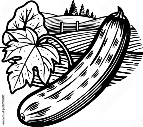 Fresh cucumber with leaf illustration on farm field background, organic vegetable gardening concept