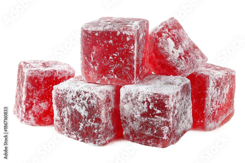 Soft chewy Turkish delight cubes dusted with sugar isolated on transparent background