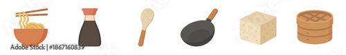 Set of Asian food icons featuring noodles, soy sauce, a wok pan, tofu, a bamboo steamer, and a kitchen utensil in a flat, minimalist vector illustration style