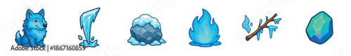Set of six cartoon ice-themed game icons featuring a blue wolf, icicle, snowy rock, magic flame, frozen branch, and crystal for a fantasy world or winter concept
