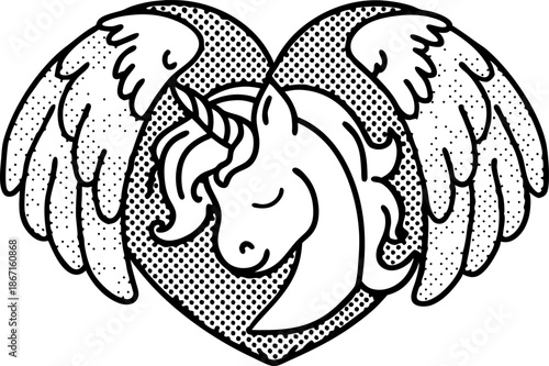 Unicorn with wings inside heart shape, fantasy magical creature emblem design