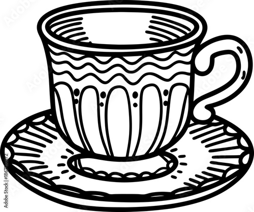 Decorative teacup and saucer with intricate patterns and elegant handle design