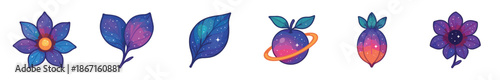Collection of cosmic fantasy plants with flowers, leaves, and fruit featuring a vibrant galaxy texture with stars, a magical and whimsical set of cartoon vector illustrations