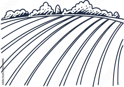 Curved farm field with planting rows and distant trees, agricultural landscape sketch