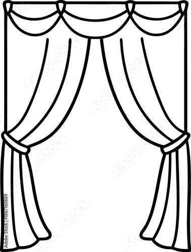 Theater curtain with draped valance and tied back panels outline illustration
