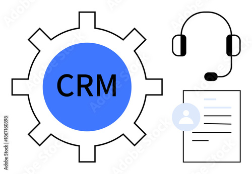 Customer support, communication technology, CRM systems, service efficiency, business operations, and contact management. Gear icon labeled CRM, headset and document. Customer support and CRM