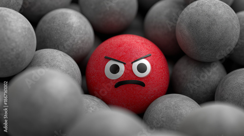Red Angry Face Ball Standing Out Among Gray Spheres, Concept of Individuality, Stress, Conflict, Emotional Expression and Standing Out from the Crowd
