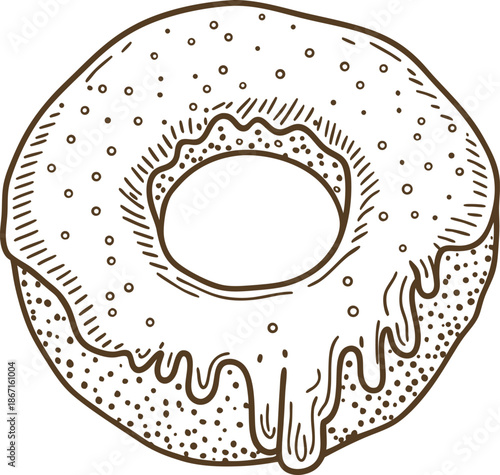Glazed donut hand drawing, sweet dessert with icing and sprinkles, pastry illustration