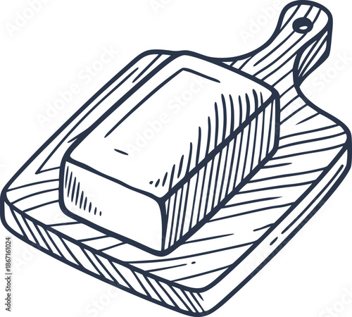 Butter block on wooden cutting board, hand drawn dairy product illustration